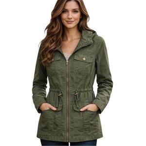 Mossimo Supply Co Utility Hooded Jacket Sm. Olive Green Cinch Waist Zip Pockets
